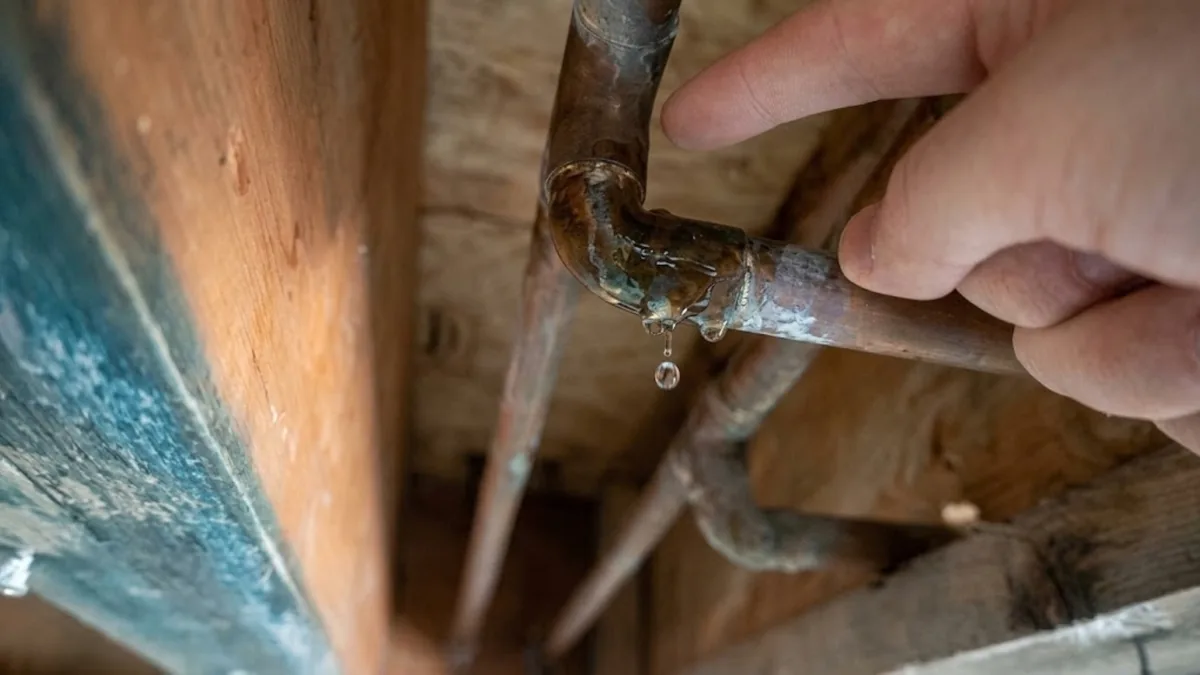 Close-up of a leaking, corroded copper pipe joint