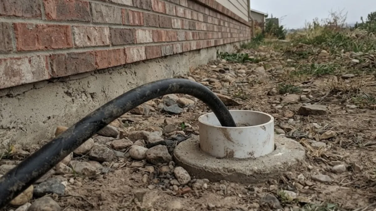 Hydro jetting hose inserted into an exterior sewer cleanout