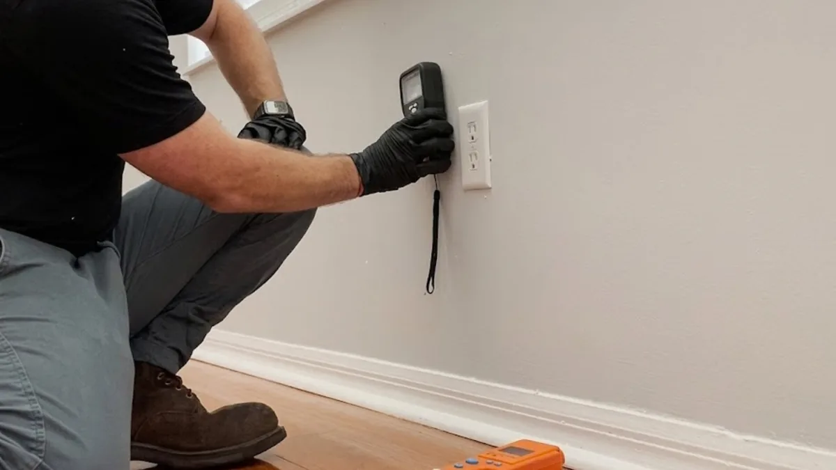 Plumber using an acoustic leak detection meter against an interior wall