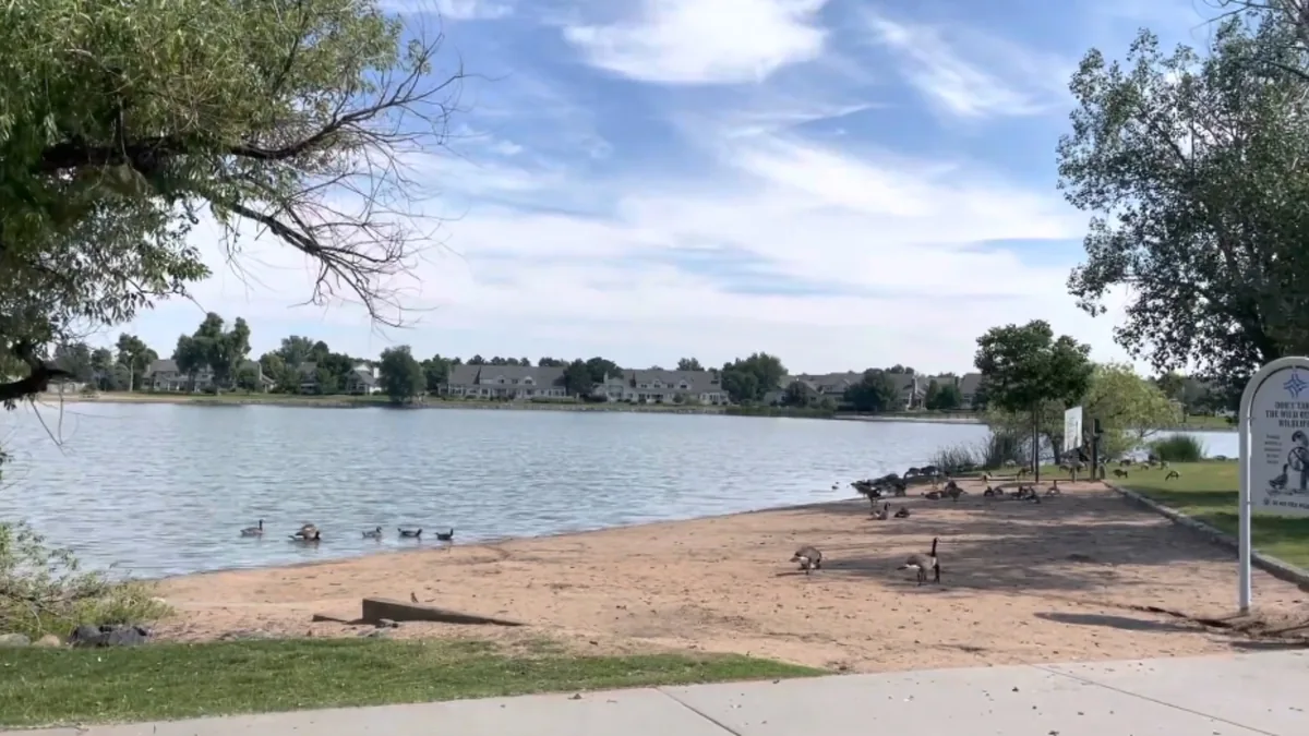Hunters Glen Lake in Thornton, Colorado with the surrounding neighborhood