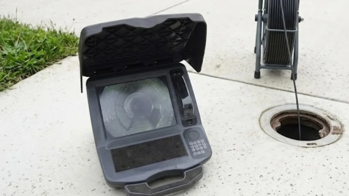Sewer camera inspection monitor positioned at a cleanout access point