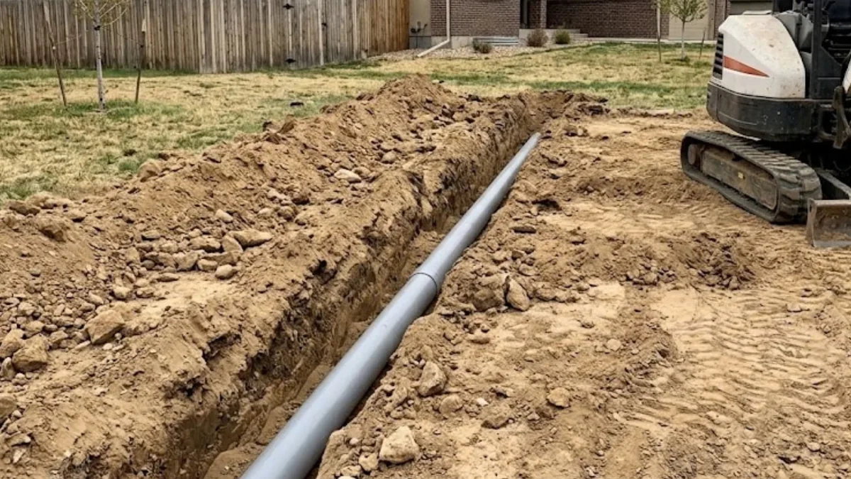 Excavated trench with new sewer pipe and mini excavator in a backyard