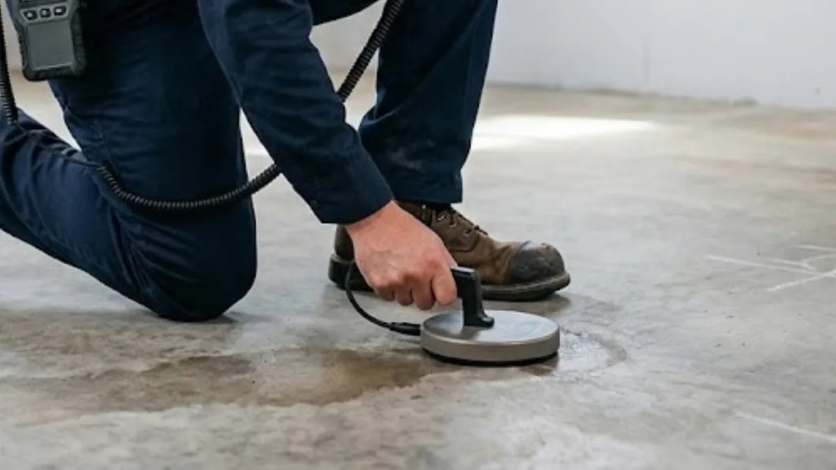 Plumber using electronic leak detection equipment on a concrete slab floor