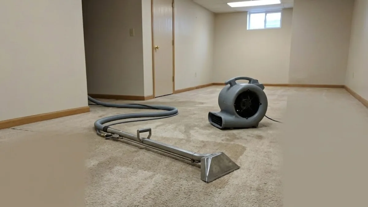 Water extraction equipment and air mover drying a wet basement carpet